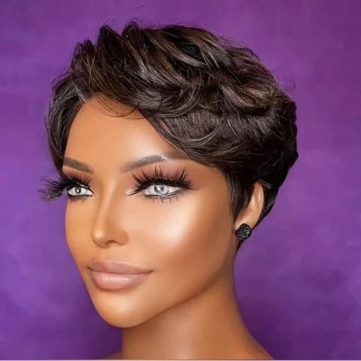 New Glueless #4/27 Brown Fumi Curls Pixie Short Cut Bob Wig Natural Look Remy Human Hair Swiss Lace Front Wigs