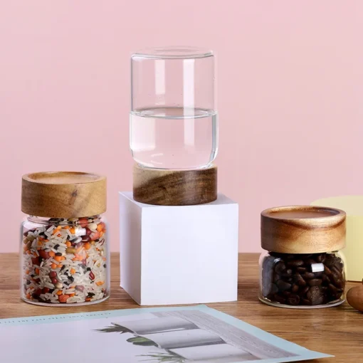 Stackable Clear Glass Food Jars/Canisters with Airtight Seal Acacia Wood Lids for Kitchen Bathroom Pantry Storage - Image 3