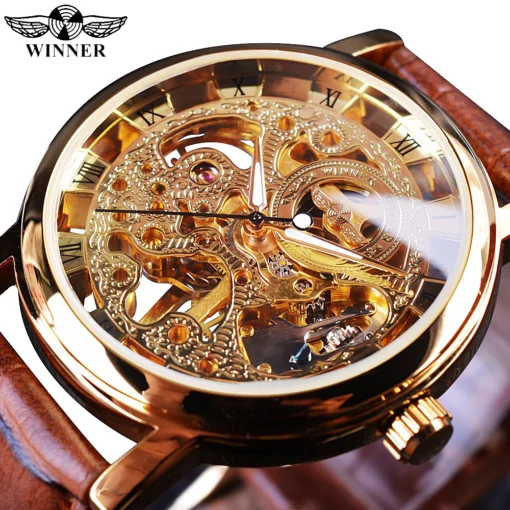 Winner Wristwatches Men Watch Luxury Transparent Golden Case Casual Design Brown Leather Mens Watches Mechanical Skeleton Watch - Image 6