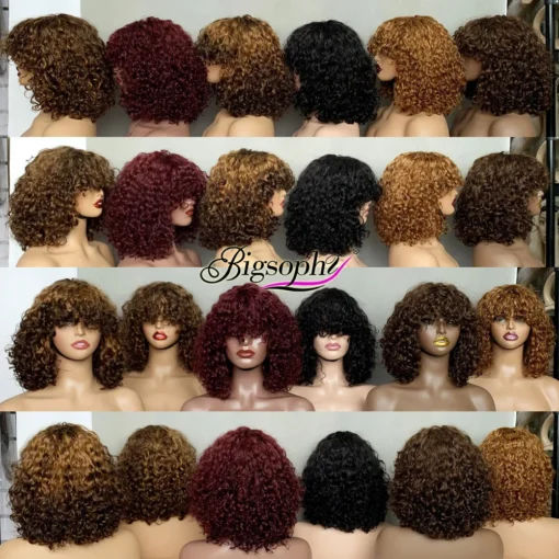 Popular Curly Fringe Bob Wigs Factory Super Double Drawn Quality Luxury Curly 200Gram Hair With Remy Brazilian Virgin Human Hair