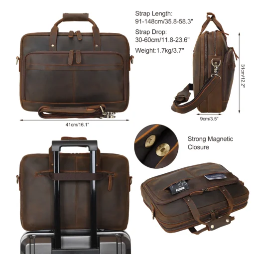 Hot Sale Brown Crazy Horse Leather Office Briefcase Bags Men's Business 15.6'' Laptop Portfolio Full Grain Leather Briefcase