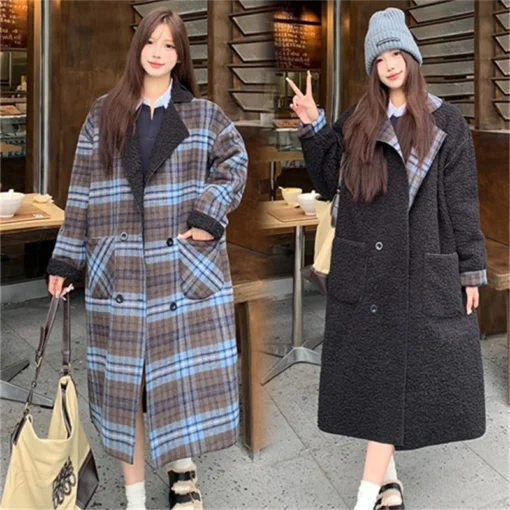 Lamb wool premium plaid coat vintage plaid 2024 autumn/Winter new thickened 700g long loose coat jacket - Image 4