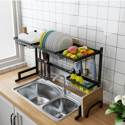 Dish Drying Rack Over Sink Display Stand Drainer Stainless Steel Kitchen Supplies Storage Holder (Black) - Image 6