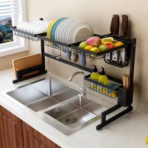 Dish Drying Rack Over Sink Display Stand Drainer Stainless Steel Kitchen Supplies Storage Holder (Black) - Image 3