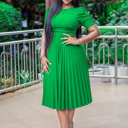 Summer African style celebrity red new arrivals short sleeve pleated solid color plus size crew neck green dresses - Image 3