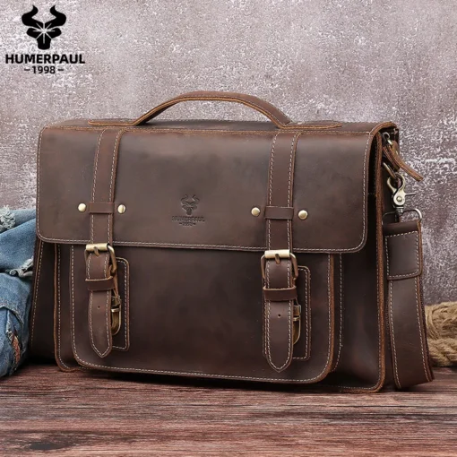 HUMERPAUL Wholesale Crazy Horse Leather Men Shoulder Bags Men'S Retro Trend Cross-Body Bags Business Male official Briefcase - Image 6