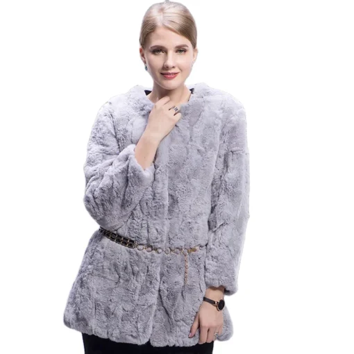 MWFur Fashion Women Rex Rabbit Fur Coat Winter Fur Jackets Fashion Outwear High Quality Female Long Rabbit Fur Coat Grey - Image 6