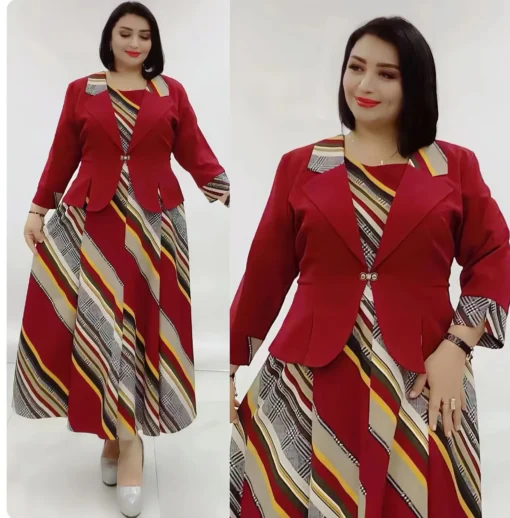 Woman Spring Autumn Dress Set African Plus Size Printed 2 Piece Set Office Lady Clothing Coat + Dress Casual Long Dress Suits