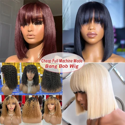 Vendor wholesale short bob Wigs with bangs machine made non lace cuticle aligned virgin brazilian human hair wigs - Image 4