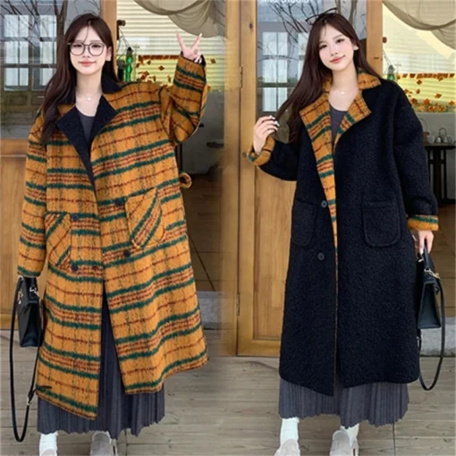 Lamb wool premium plaid coat vintage plaid 2024 autumn/Winter new thickened 700g long loose coat jacket - Image 2