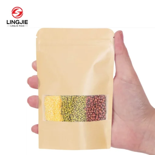 LingJie ODM OEM Stand Up Pouch Reusable Bag Composite Food PE  And Zipper Bag  White Kraft Paper Bag With High Clear Window - Image 5