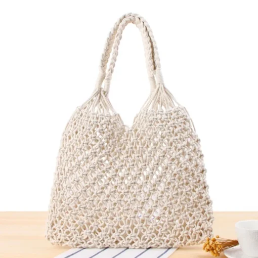 Wholesale Fashion Straw Indonesia Mesh Clutch Cotton Beach Tote Bag Shopping Tote Net Rattan Tote Bag with Handle