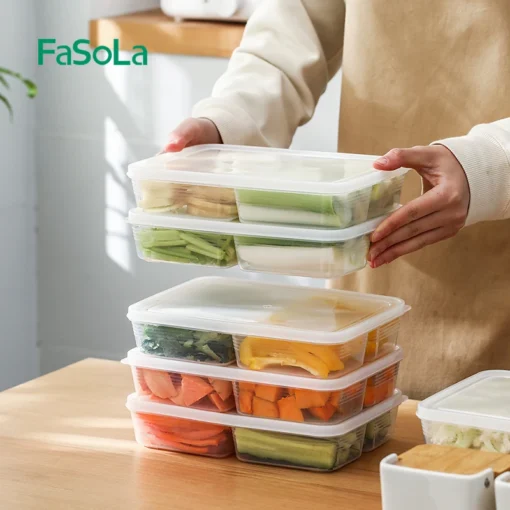 FaSoLa 4 Compartments Rectangle Pantry Storage Bin with Lid Refrigerator Organizer Bin Fridge Organizer for Freezers Kitchen