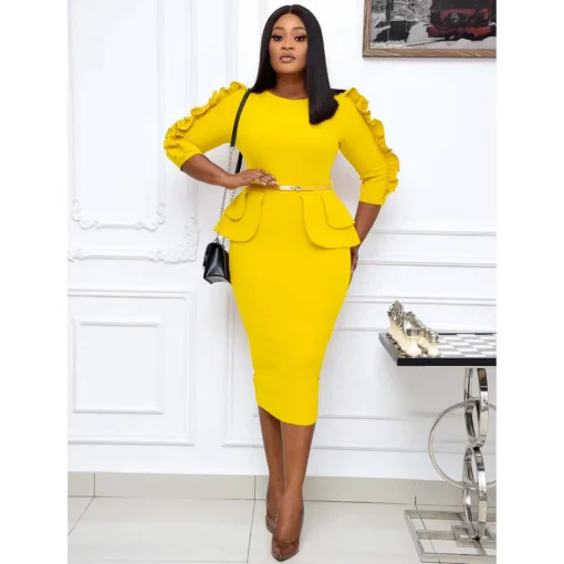 D092M Dropshipping Fall career office ladies dresses african clothes plus size women's dresses belted ruffles business dress