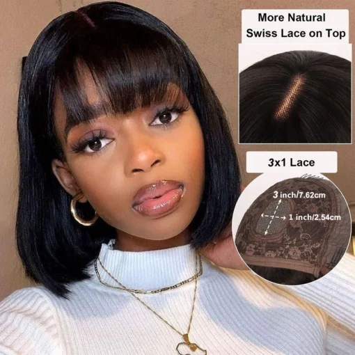 Glueless Straight 180% density  Short Cut Bob Wig With Bangs Undetectable Transparent HD Lace Realistic Scalp Wigs for Women - Image 4