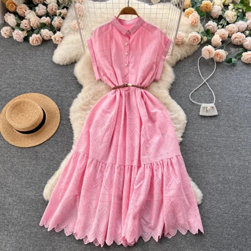 Summer New Design Solid Embroidery Hollow Out Turn-down Collar Short Sleeve Women Dresses Clothing - Image 4