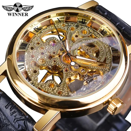 Winner Wristwatches Men Watch Luxury Transparent Golden Case Casual Design Brown Leather Mens Watches Mechanical Skeleton Watch - Image 3