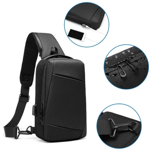 Lightweight Casual Men's Waterproof Chest Cross body Sling single Shoulder Bag with USB Charging Port interface for Men/Women