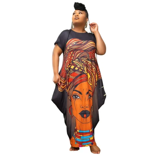 African ladies Y2K casual plus size face letter print loose long dress fat women elegant outfit clothing clothes with pocket - Image 2