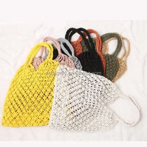 Wholesale Fashion Straw Indonesia Mesh Clutch Cotton Beach Tote Bag Shopping Tote Net Rattan Tote Bag with Handle - Image 4