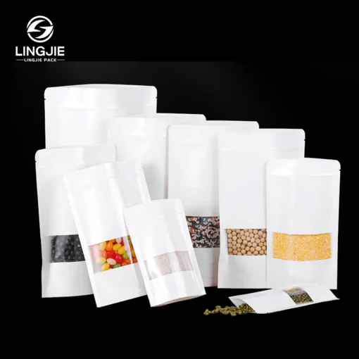 LingJie ODM OEM Stand Up Pouch Reusable Bag Composite Food PE  And Zipper Bag  White Kraft Paper Bag With High Clear Window