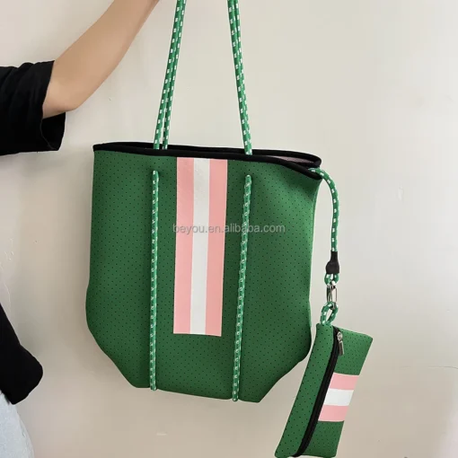 Pink Green Checkerboard Women's Fashion All Season Casual Knit Bag  Checked Plaid Shopping Bags Shoulder Tote Handbags - Image 3