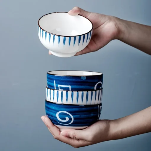 Japanese Style White and Blue Vibrant Color Kitchen Stoneware Ceramic Ramen Bowl Set - Image 4