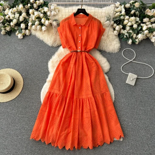 Summer New Design Solid Embroidery Hollow Out Turn-down Collar Short Sleeve Women Dresses Clothing - Image 6