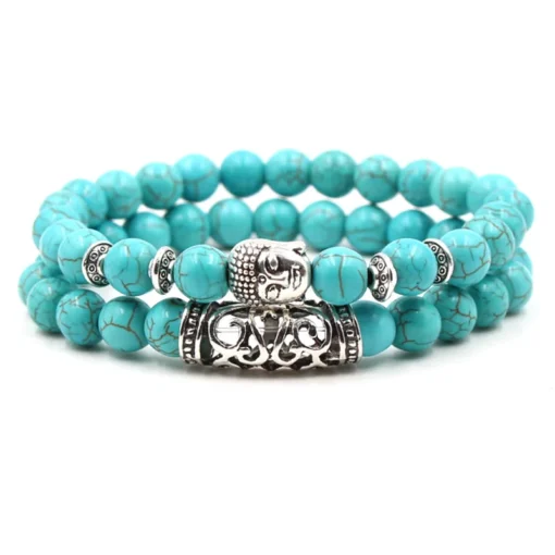 Bohemian 8mm Chain and Bead Bracelet Set Stone Silver Lion Owl Buddha Head Bracelet Jewelry Sets Turquoise Natural for Men High