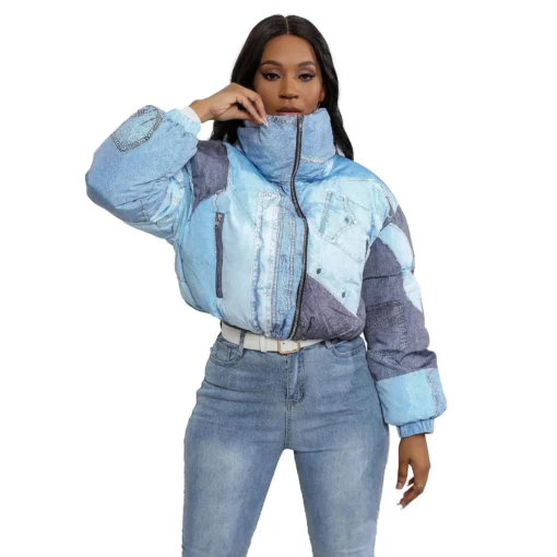 Denim Print Patchwork Cropped Puffer Jacket Women Winter Clothing 2023 Fashion Parkas Bubble Coat Wholesale - Image 6