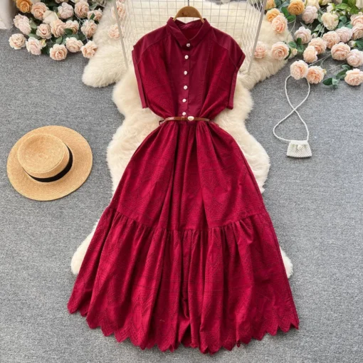 Summer New Design Solid Embroidery Hollow Out Turn-down Collar Short Sleeve Women Dresses Clothing - Image 5