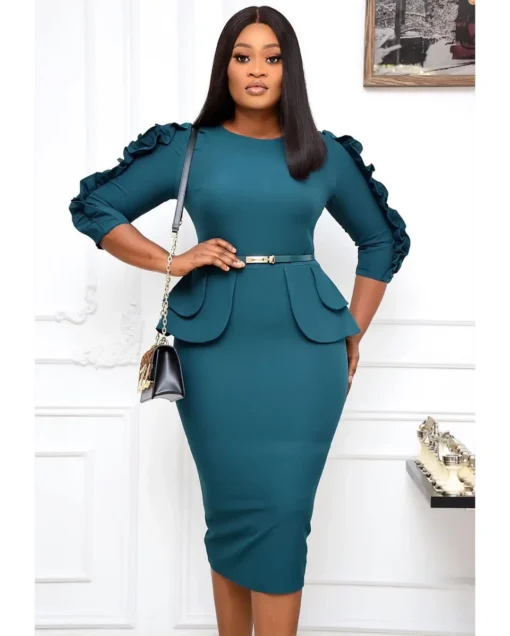 D092M Dropshipping Fall career office ladies dresses african clothes plus size women's dresses belted ruffles business dress - Image 4