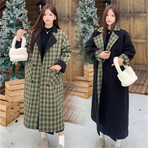 Lamb wool premium plaid coat vintage plaid 2024 autumn/Winter new thickened 700g long loose coat jacket - Image 3