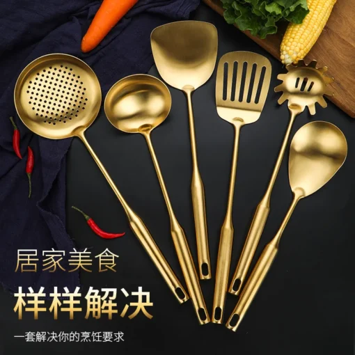 Custom Logo Gold Stainless Steel Kitchenware Cook Tools Used in Kitchen Cooking Utensils Set with Holder - Image 5