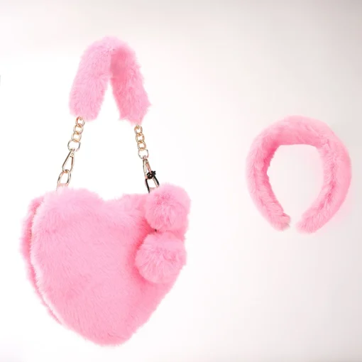 heart purse sets small 2022 women purses and handbags ladies mini designer Kid little girls faux fur furry heart shaped bags - Image 5