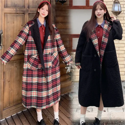 Lamb wool premium plaid coat vintage plaid 2024 autumn/Winter new thickened 700g long loose coat jacket - Image 5