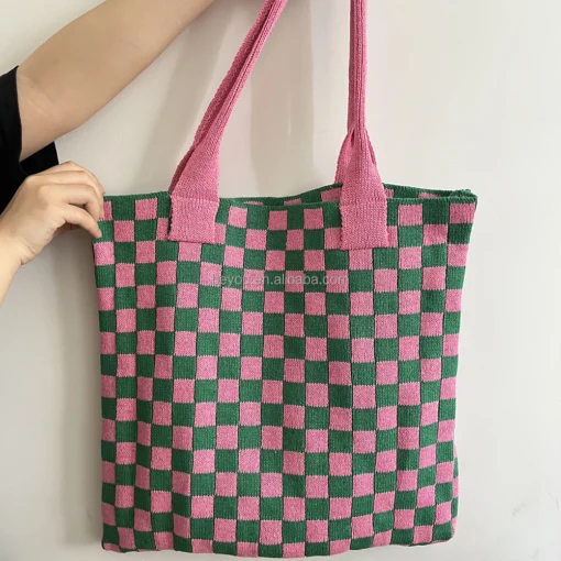 Pink Green Checkerboard Women's Fashion All Season Casual Knit Bag  Checked Plaid Shopping Bags Shoulder Tote Handbags