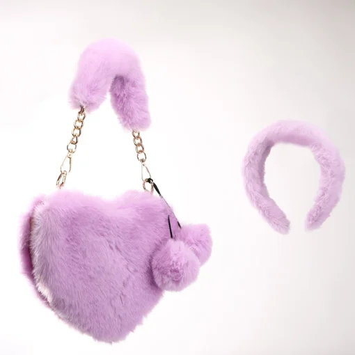 heart purse sets small 2022 women purses and handbags ladies mini designer Kid little girls faux fur furry heart shaped bags - Image 6