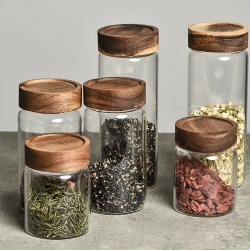 Stackable Clear Glass Food Jars/Canisters with Airtight Seal Acacia Wood Lids for Kitchen Bathroom Pantry Storage - Image 2