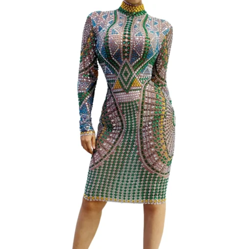 Sexy African Colorful Rhinestone Slim Fit Birthday Wedding Ball Hip Wrapped Dress Cocktail Club Dress Women Formal Prom Dress