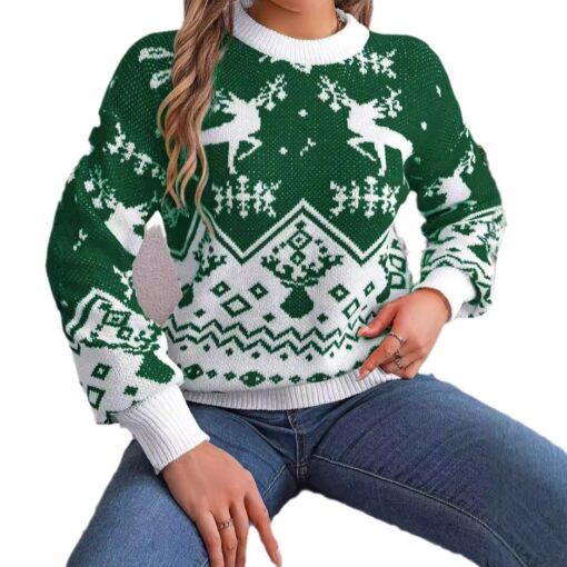 New Year Autumn Winter Casual Deer Pattern Long Sleeve Hoodie Sweater Christmas For Women Red Green Knitted Pullover Jumper - Image 2