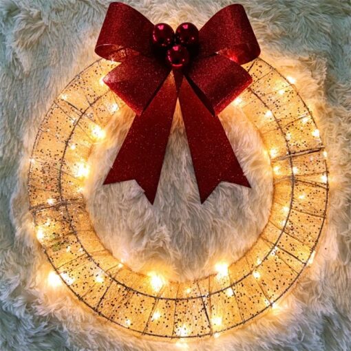 Christmas Garland 50CM Luminous LED Warm Light Metal Luminous Wreath With Big Bowknot Christmas Front Door Home Holiday Party Door Hanging Decor - Image 8