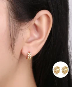 925 Sterling Silver Earrings Elegant Olive Leaf Shape Diamond Gold for Women