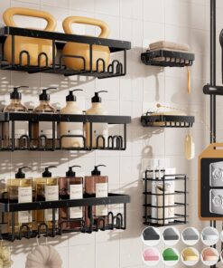 Veken Shower Caddy 6-Pack, Bathroom Organizers and Storage Shelves, Black Advanced Rustproof Design, Large Capacity, No Drilling, Adhesive Rack with Soap Holder, Wall-Mounted Kitchen & Home Decor